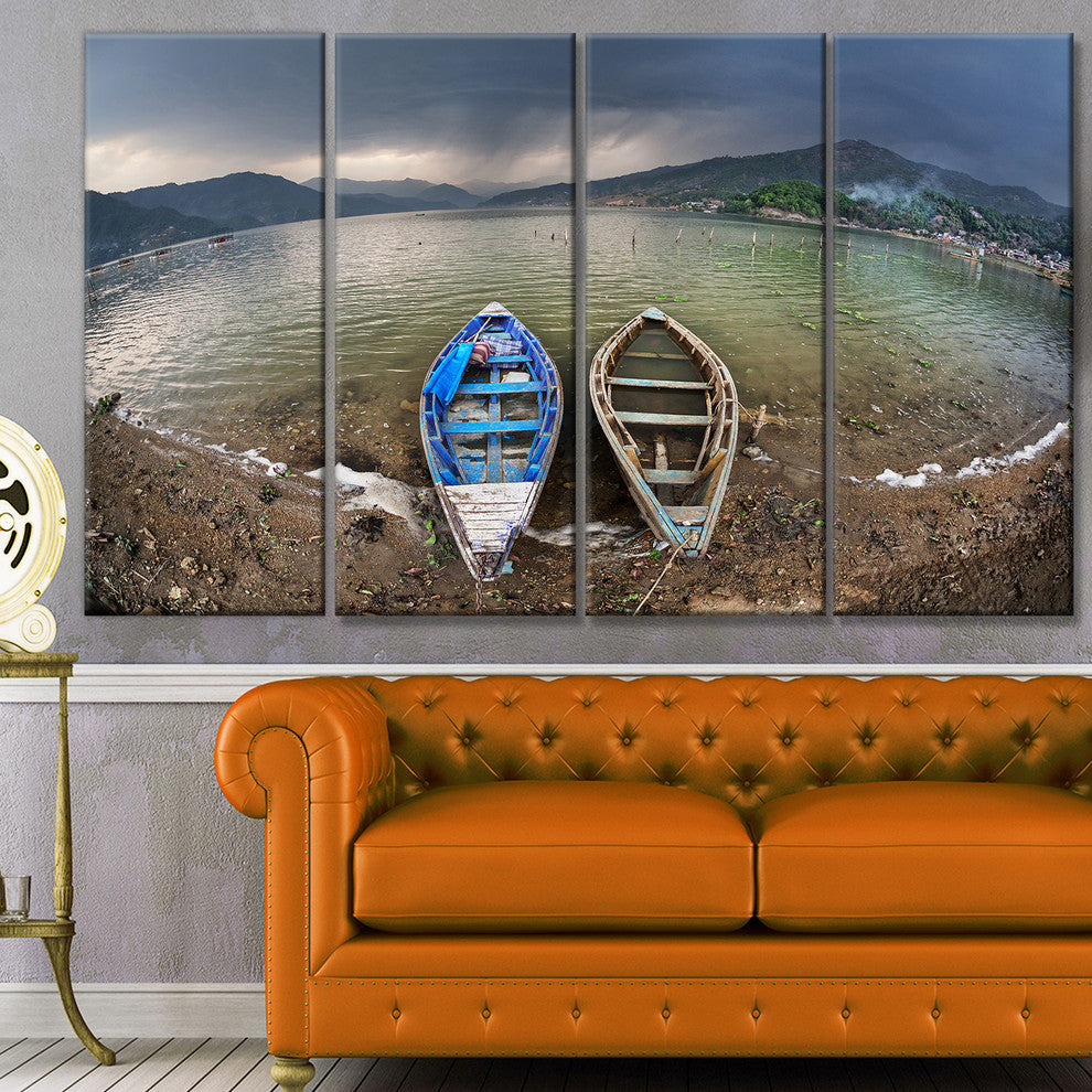 Two Boats near Pokhara Lake, Boat Canvas Art Print, 48"x28", 4 Panels