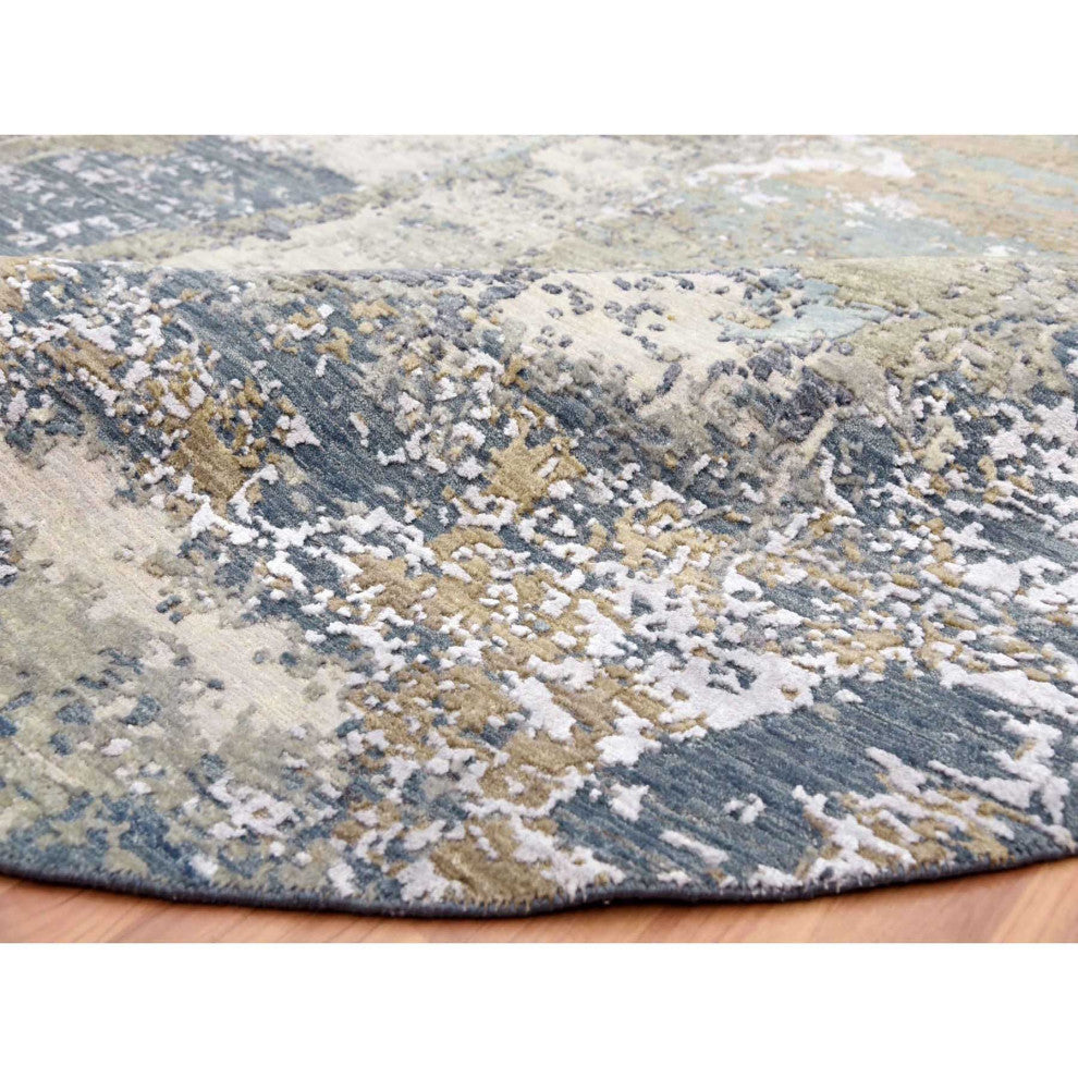 Gray Abstract Design, Hand Knotted Natural Wool Round Oriental Rug, 8'1"x8'5"