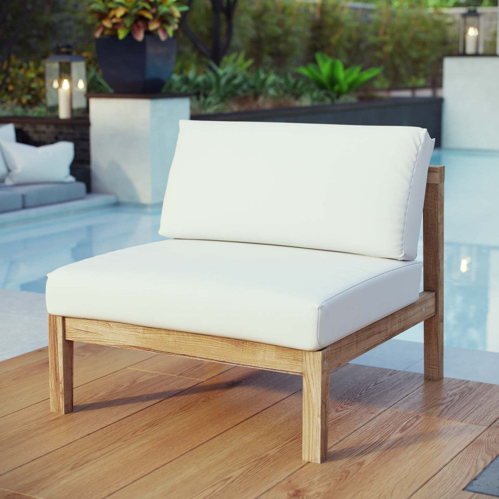 Lounge Chair, White Natural, Teak Wood, Modern, Outdoor Patio Hospitality
