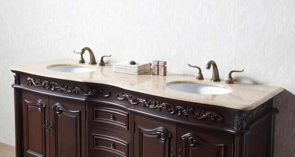 Cassandra 72" Dark Cherry Double Sink Bathroom Vanity, Travertine Marble Top