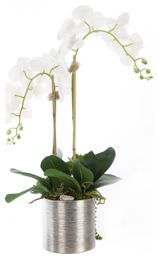 Real Touch White Orchid Flower Arrangement, Silver Ceramic Pot