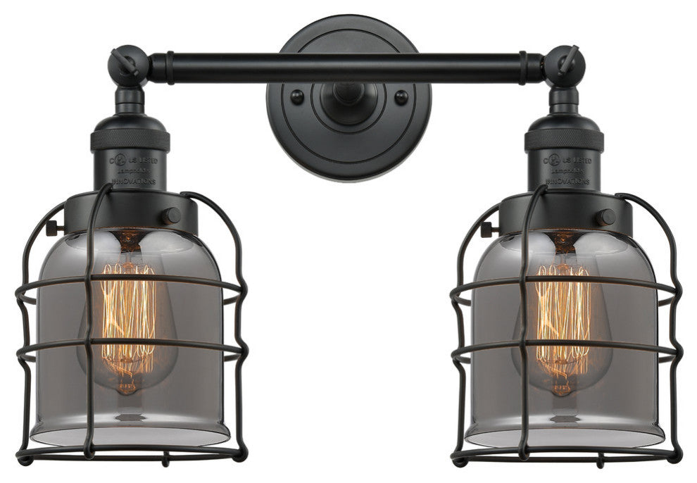 Small Bell Cage 2-Light Bath Vanity-Light, Matte Black, Plated Smoke