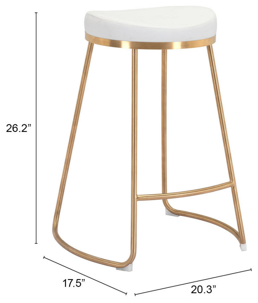 Counter Stool Chair, Set of 2, Faux Vinyl Leather, Steel, White, Gold, Cafe