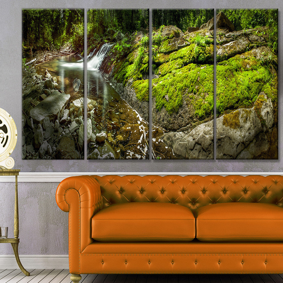 Creek Moss and Rocks Panorama, Landscape Canvas Art Print, 48"x28", 4 Panels