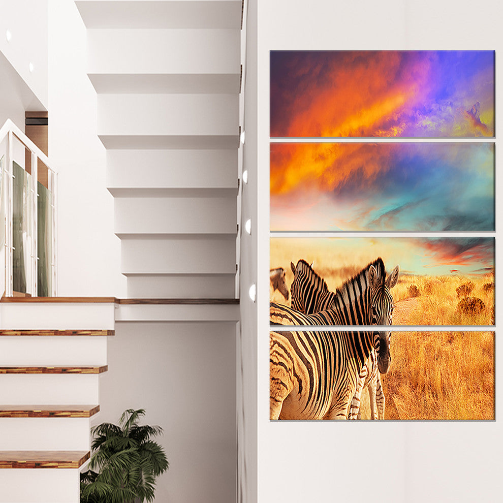 Zebras in Bush under Colorful Sky, African Canvas Art Print, 28"x48", 4 Panels