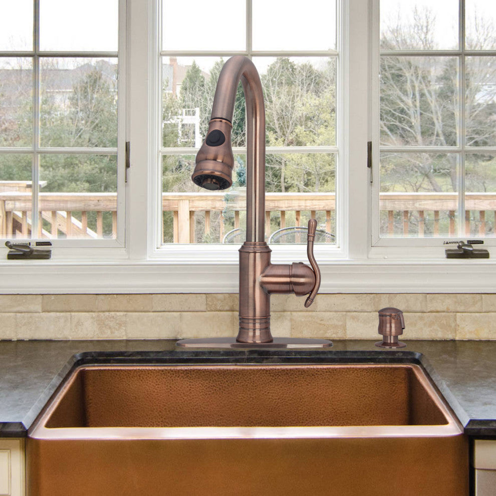 Copper Pull Down Kitchen Faucet, Single Level Solid Brass Kitchen Sink Faucets, Antique Copper