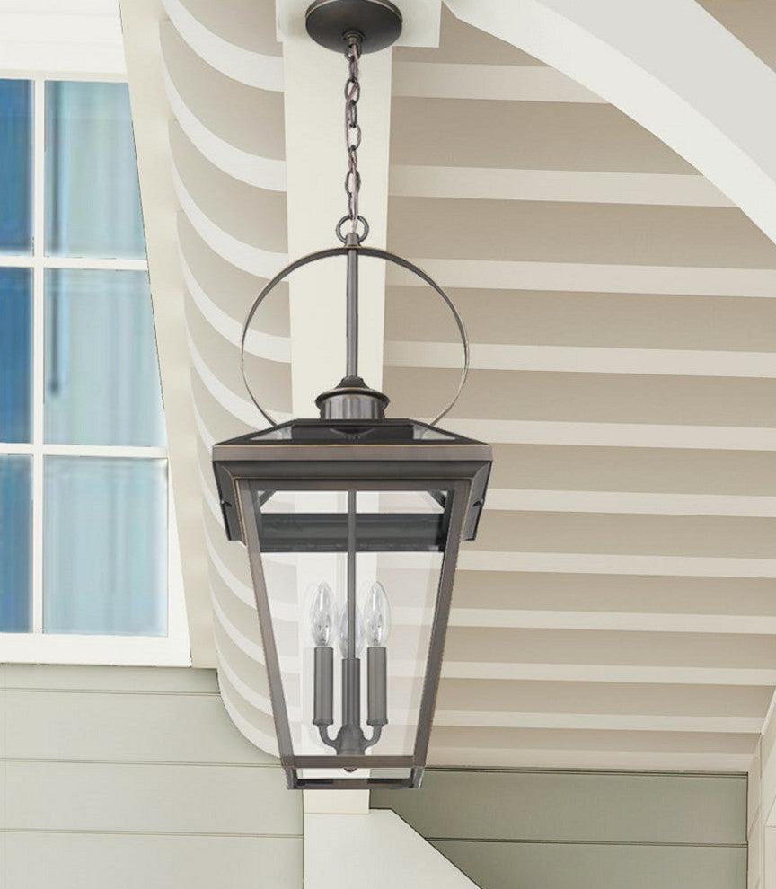 Hanging 3 Light Traditional Outdoor Porch Lantern in Oiled Bronze