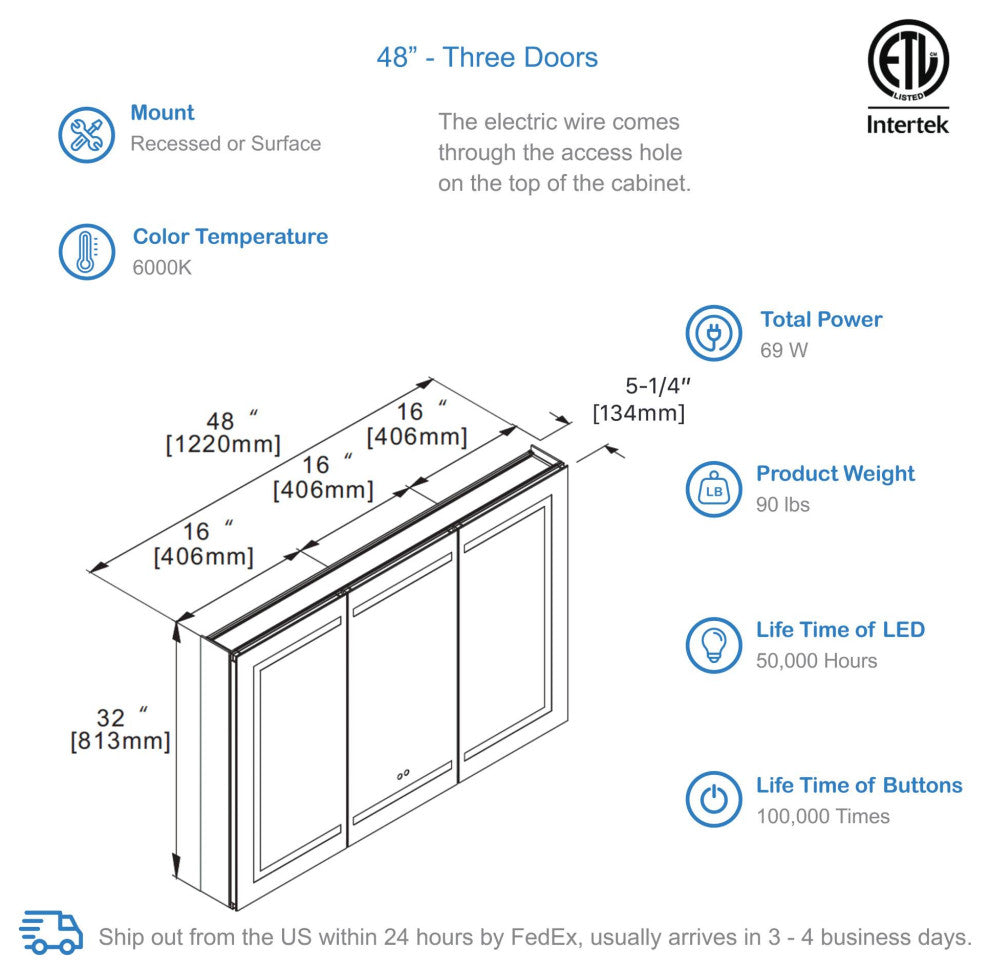 LED Medicine Cabinet With Defogger, 48x32