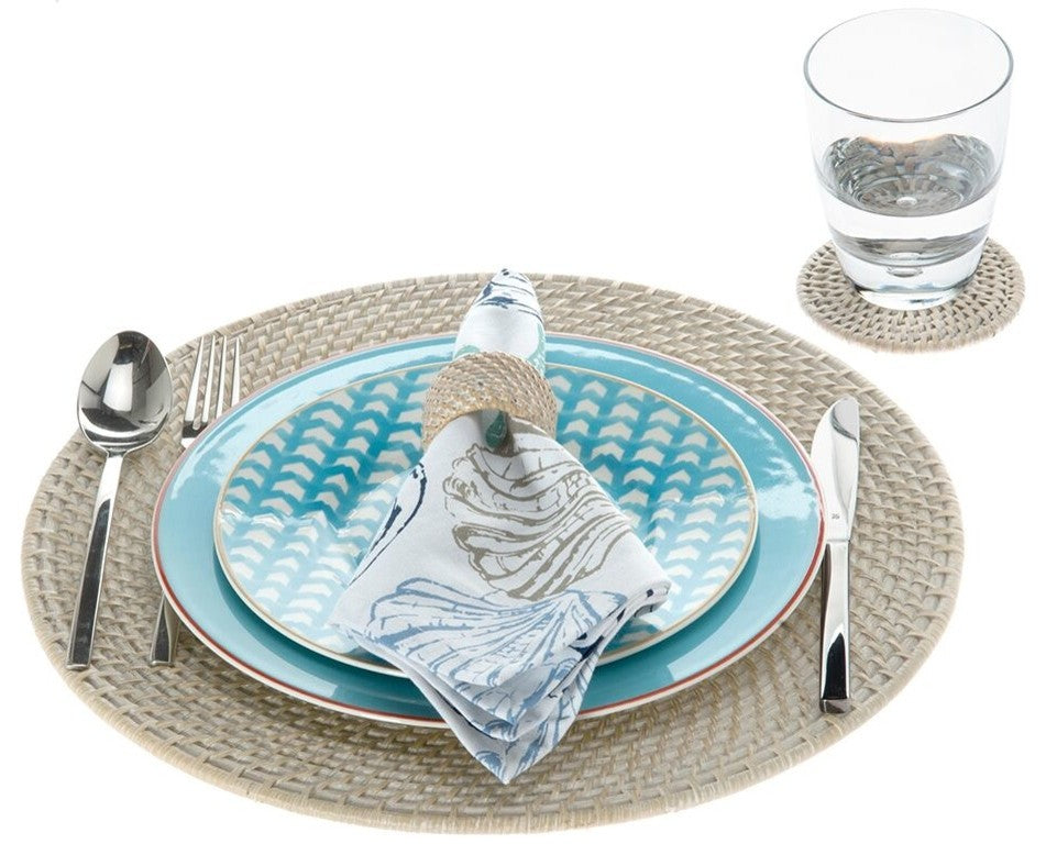Laguna Round Rattan Placemat 15" Diameter, White-Wash