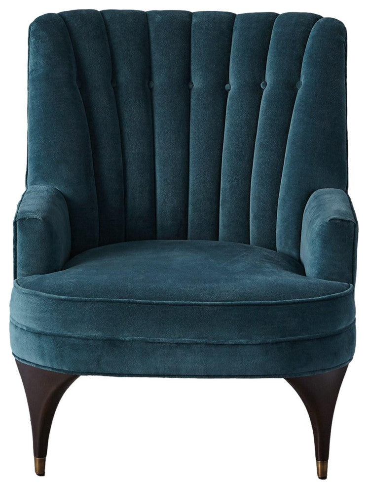 Dragonfly Aqua Blue Velvet Arm Chair Channel Back Tufted Mid Century Wood Brass