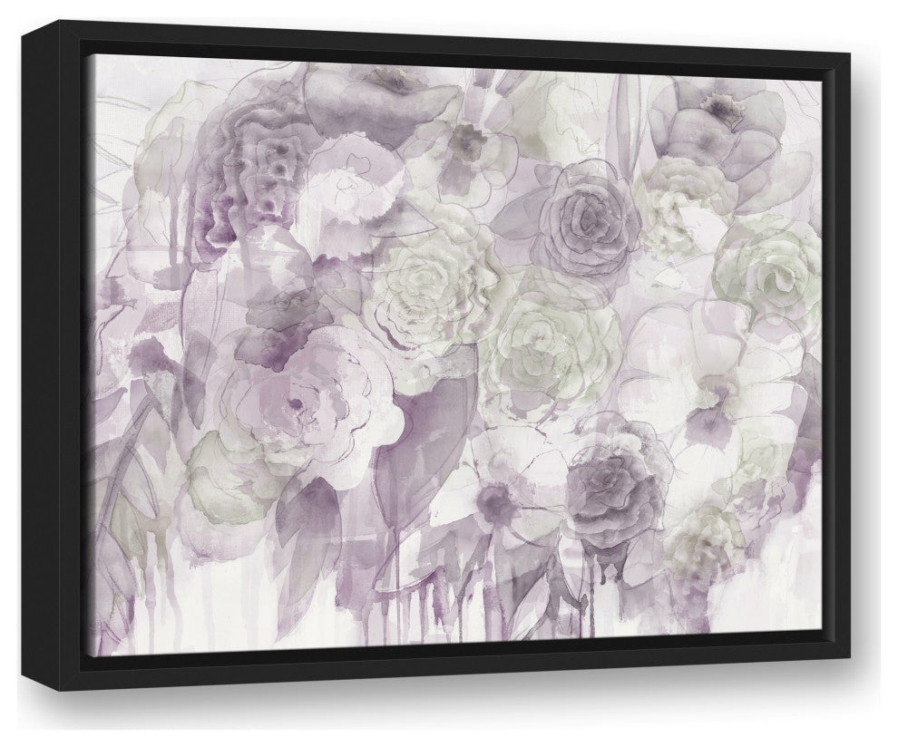 Purple And Green Flowers With Abstract Drip 3 16x20 Black Floating Framed Canvas