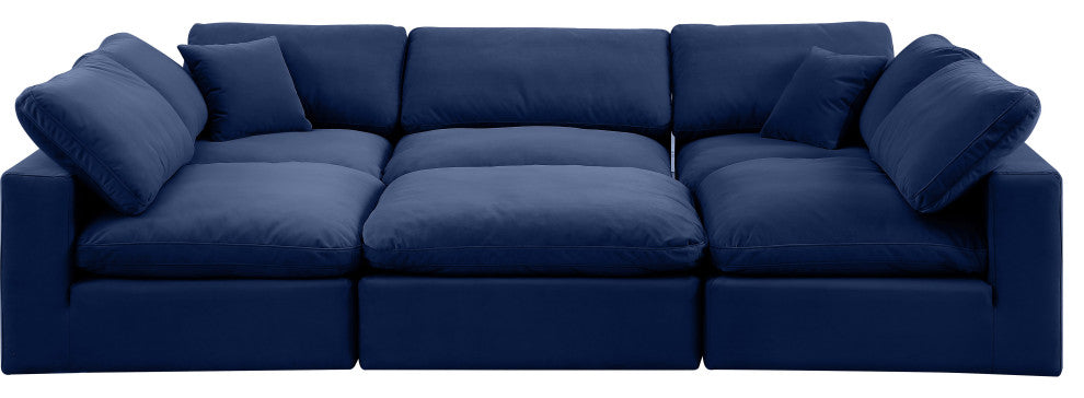Comfy Upholstered U-Shaped Modular Sectional, Navy, 6-Piece: 3 Armless Chair, 2 Corner Chair, 1 Ottoman, Velvet