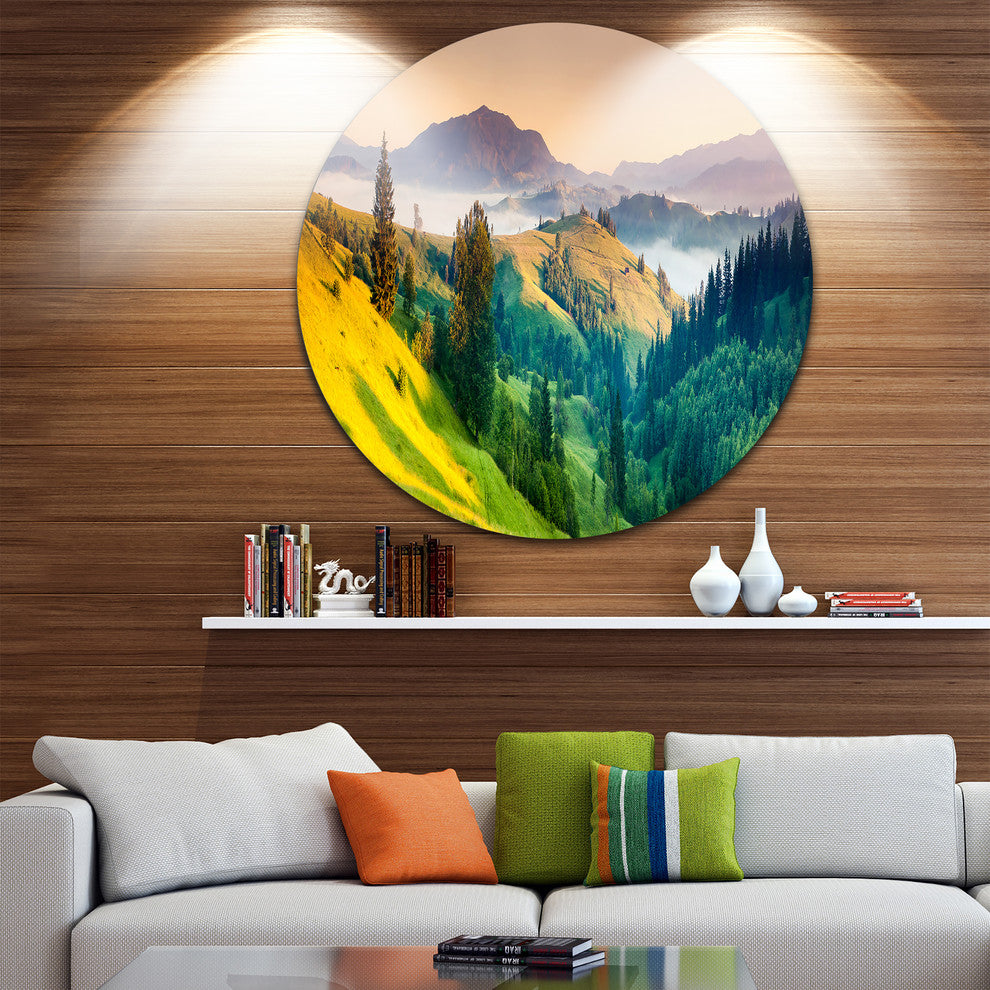 Brightly Green And Blue Mountains, Landscape Round Wall Art, 23"
