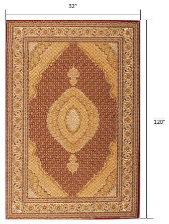 3" x 10" Red and Beige Medallion Runner Rug