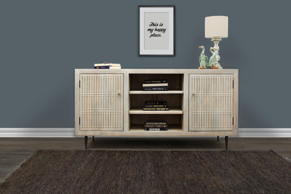 Sarah 2 Door Media Cabinet Mango Solid Wood Brushed Ivory Finish on Iron Base
