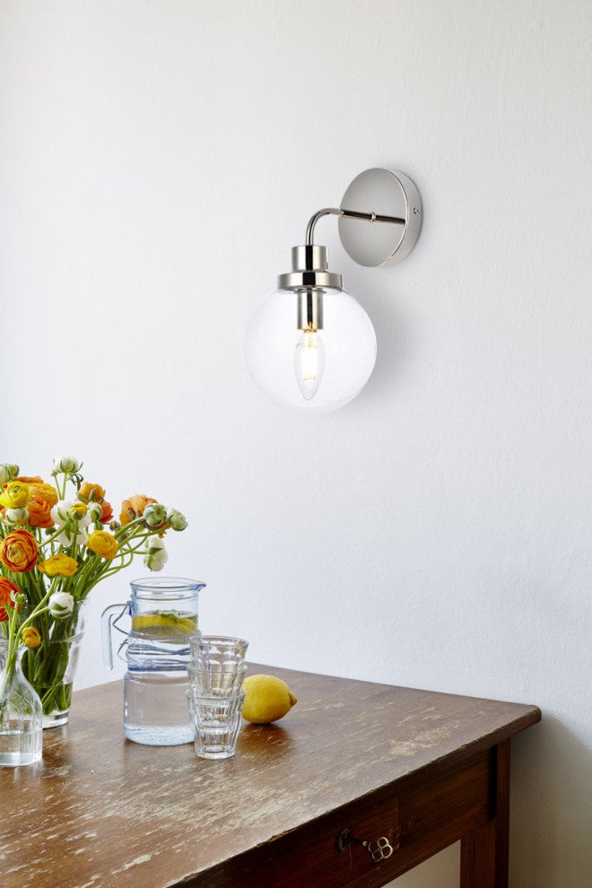Helen 1-Light Bath Sconce, Polished Nickel With Clear Shade