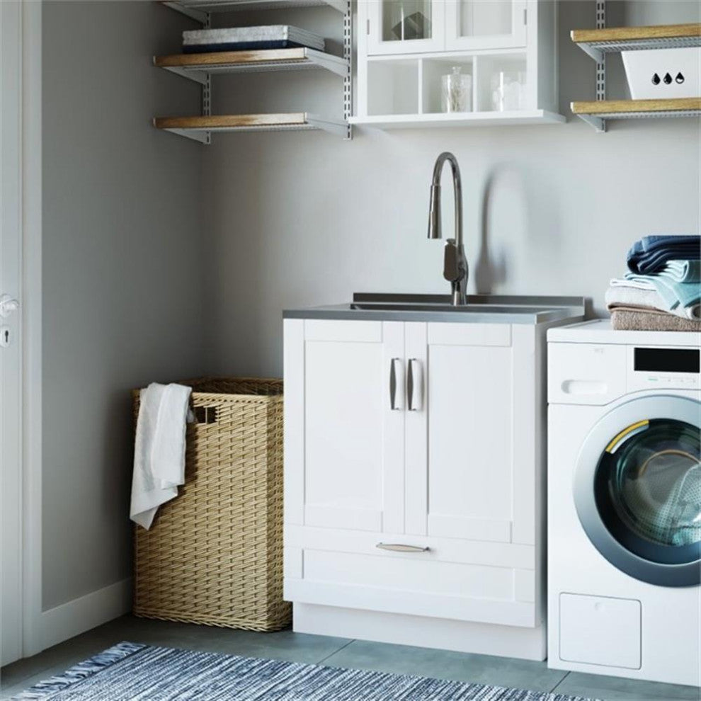 28 Inch Laundry Cabinet With Pull-Out Faucet & Stainless Steel Sink, Pure White