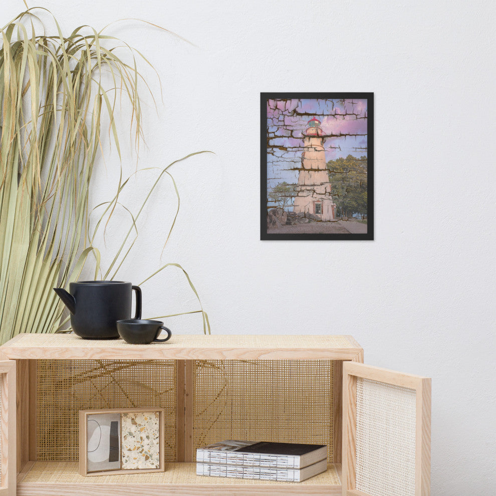 Faux Wood Texture Marblehead Lighthouse at Sunset Framed Photo Wall Art Print, Black, 12" X 16"