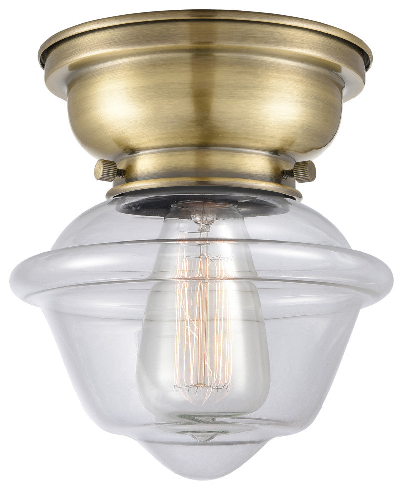 Small Oxford 1-Light Flush Mount, Antique Brass, Clear