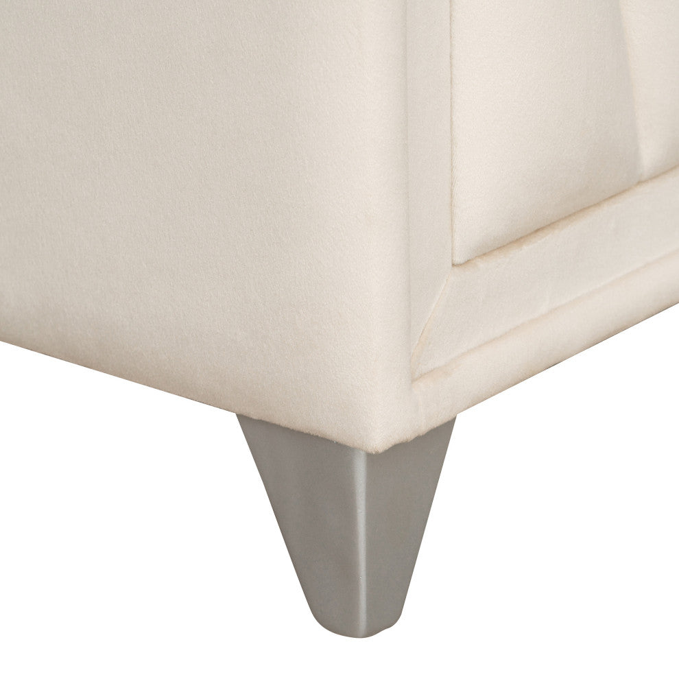2-Drawer Wood Nightstand with Velvet Fabric and Glass Worktop, Beige