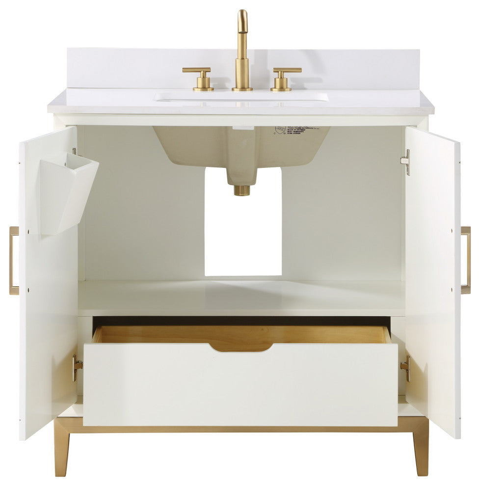 Gracie Bathroom Vanity, Satin White With White Quartz, 36"