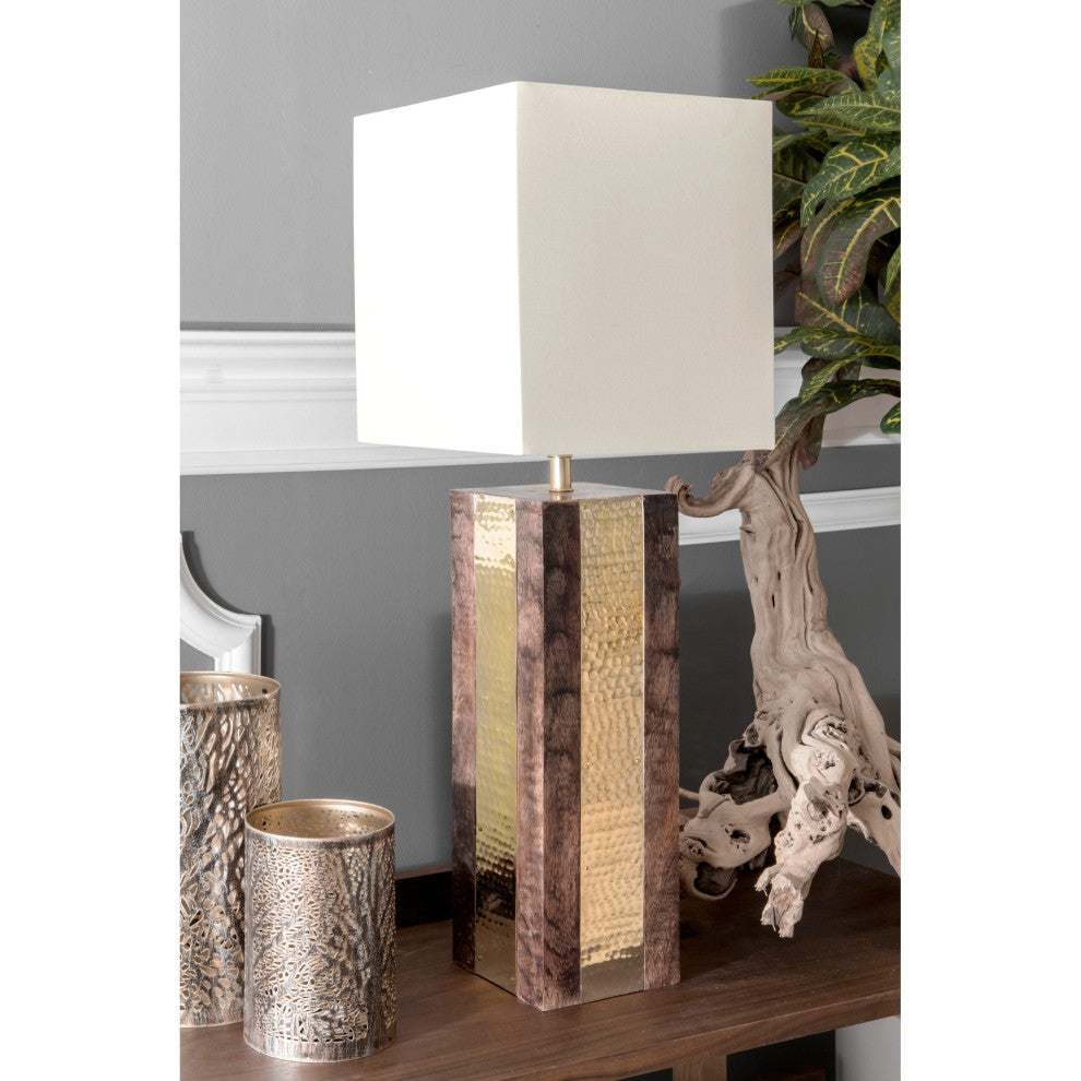 Nuloom Wood and Brass Cotton Shade Gold Finish Inline Switch Table Lamp, 25"