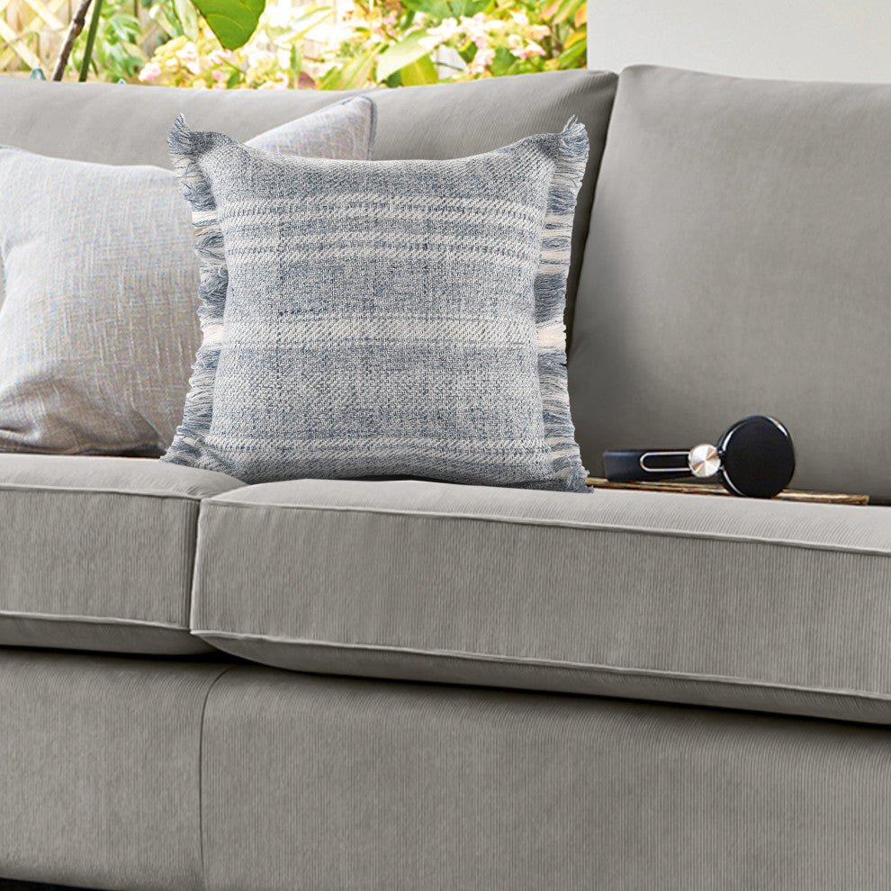 Denver Hand-Woven Denim Blue/Ivory Striped Throw Pillow