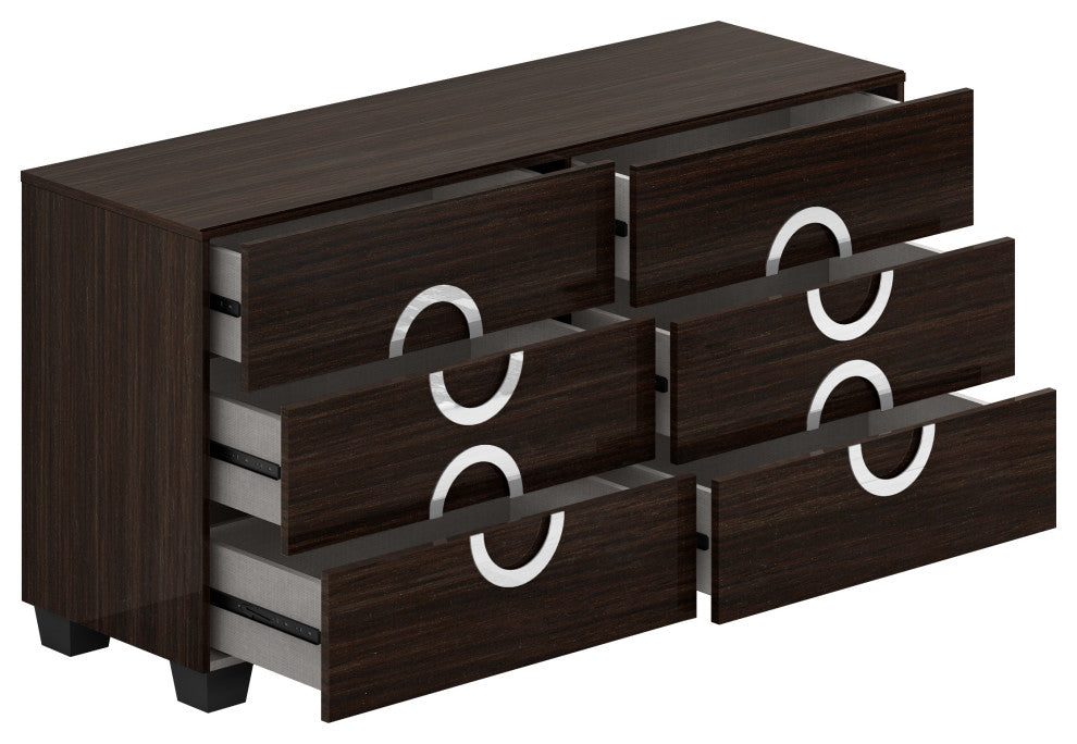 Sofia Wood Platform Bed Dresser Chest and Mirror in High Gloss, Wenge, Cal King