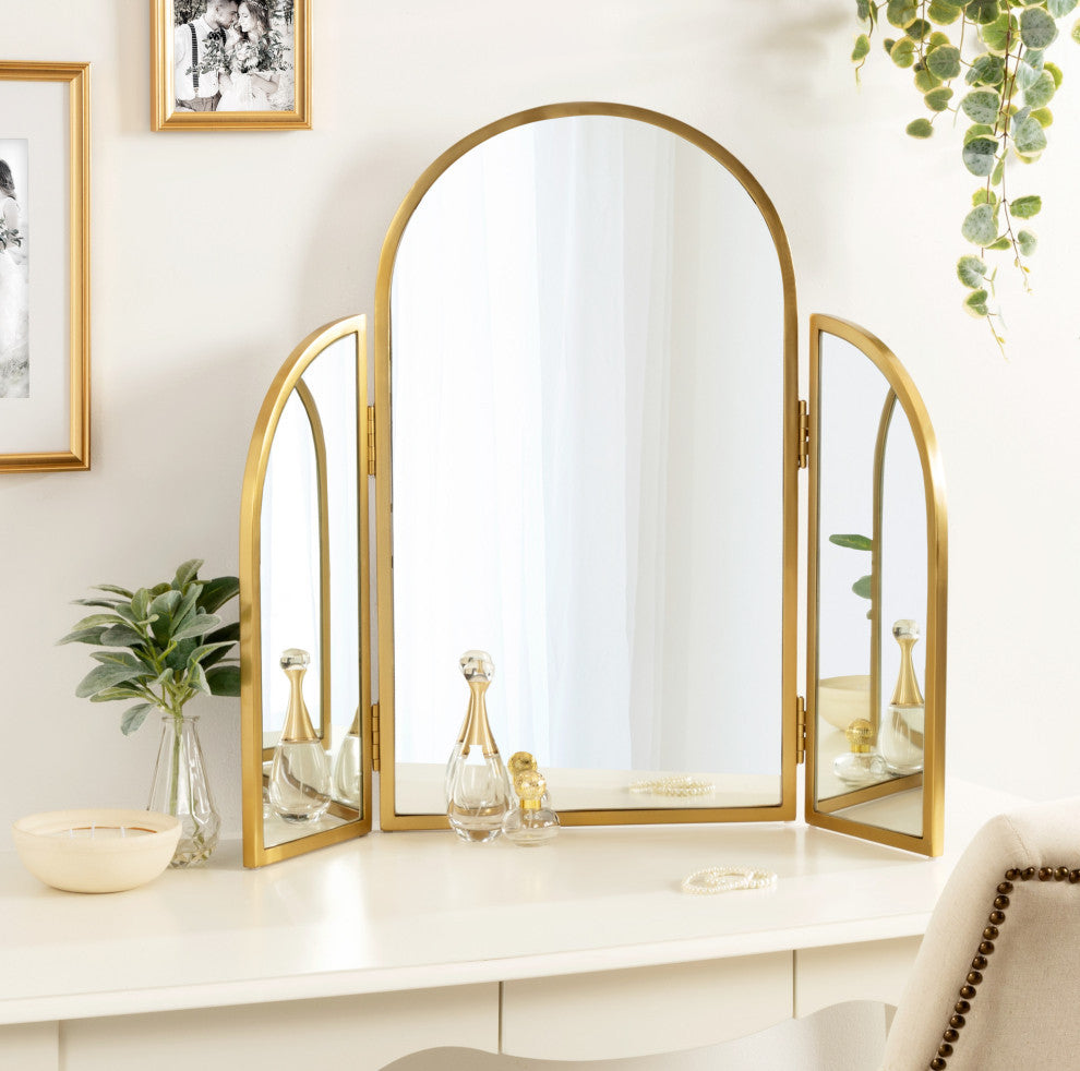 Amoli Tri-Fold Arch Mirror, Gold, 28x28