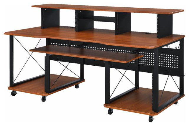 Large Desk, Multipurpose Design With Open Compartments & Grommets, Cherry/Black