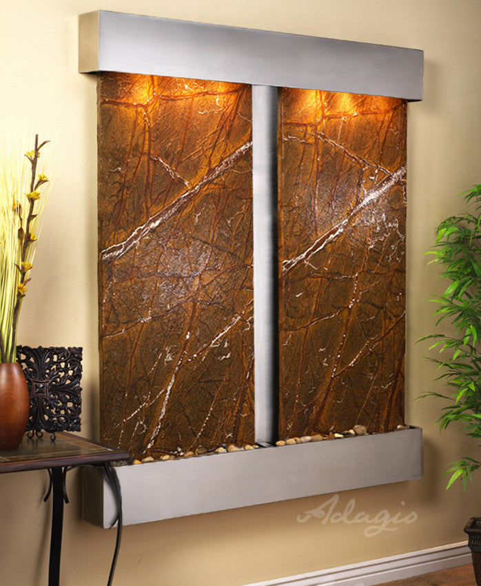 Cottonwood Falls Water Fountain, Brown Marble, Stainless Steel, Square