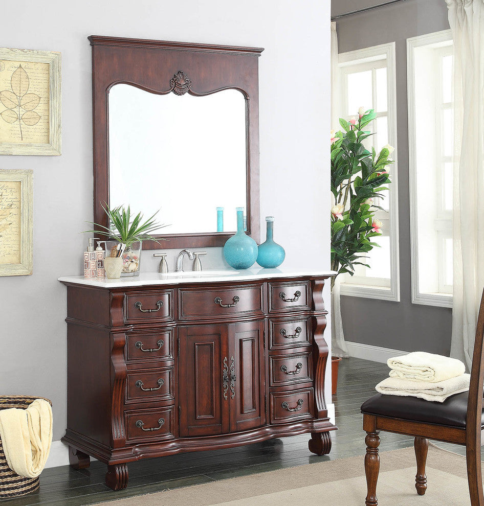 50 inch Cherry Wood Hopkinton Bathroom Sink Vanity White Marble Top