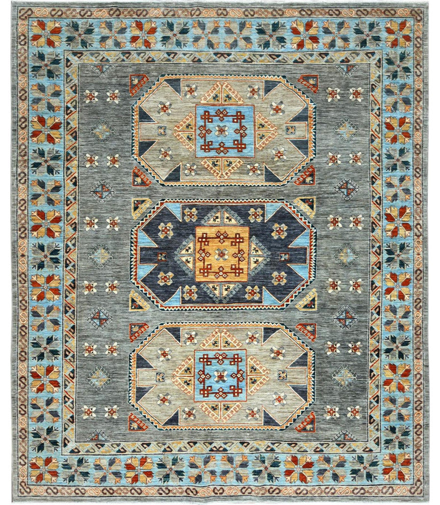 Cadet Gray Armenian Inspired Caucasian Design Wool Hand Knotted Rug 8'3"x9'9"