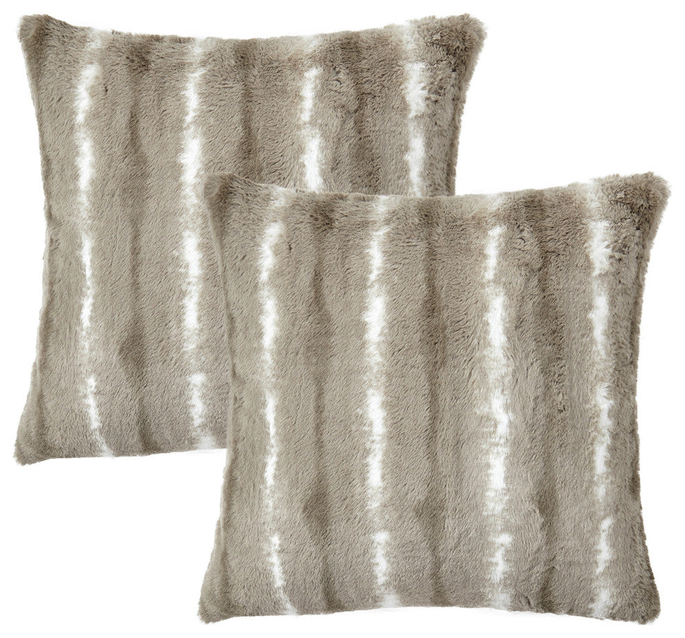 Amanda Stripe Faux Fur 2 Piece Pillow Shell Sets, Taupe Gray, 20"x20"