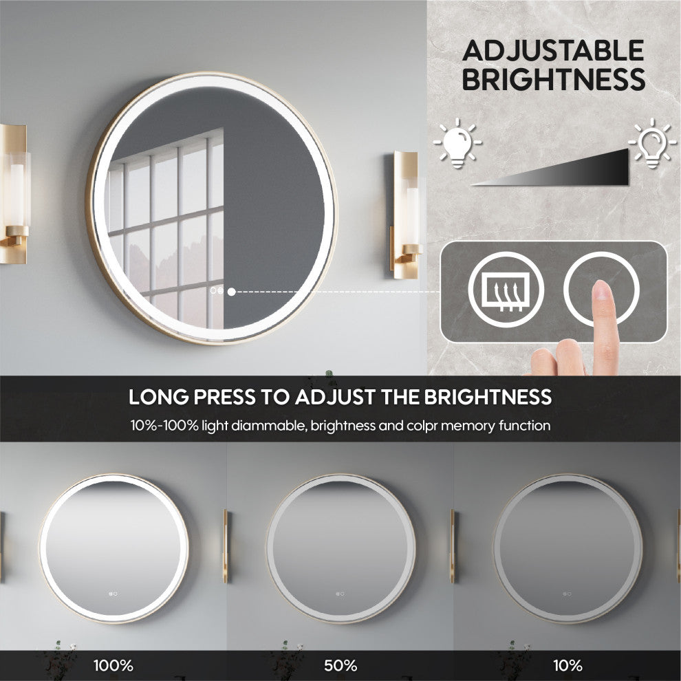 Round LED Bathroom Vanity Mirror, Defogger and Dimmer, ETL-listed, 28"x28", Brushed Gold