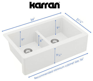 Karran All, One Farmhouse Quartz 34" Double Bowl Sink, White With Faucet