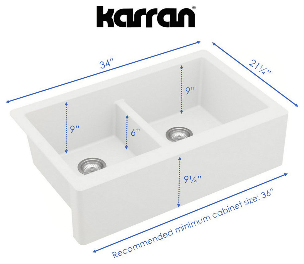 Karran All, One Farmhouse Quartz 34" Double Bowl Sink, White With Faucet
