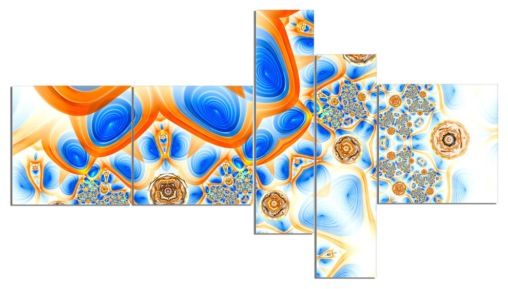 Yellow Blue Exotic Pattern, Abstract Wall Art Canvas, 60"x32", 5 panels