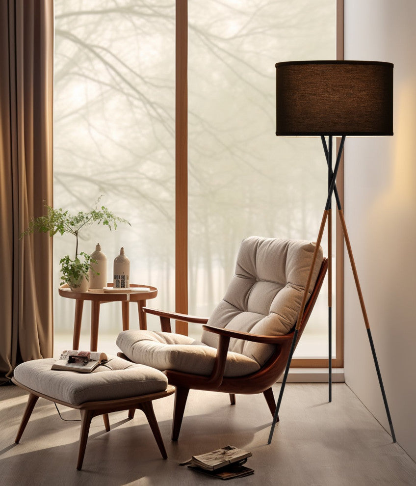 Kira Home Sadie 61" Mid Century Tripod LED Floor Lamp, 9W bulb (/), Leather