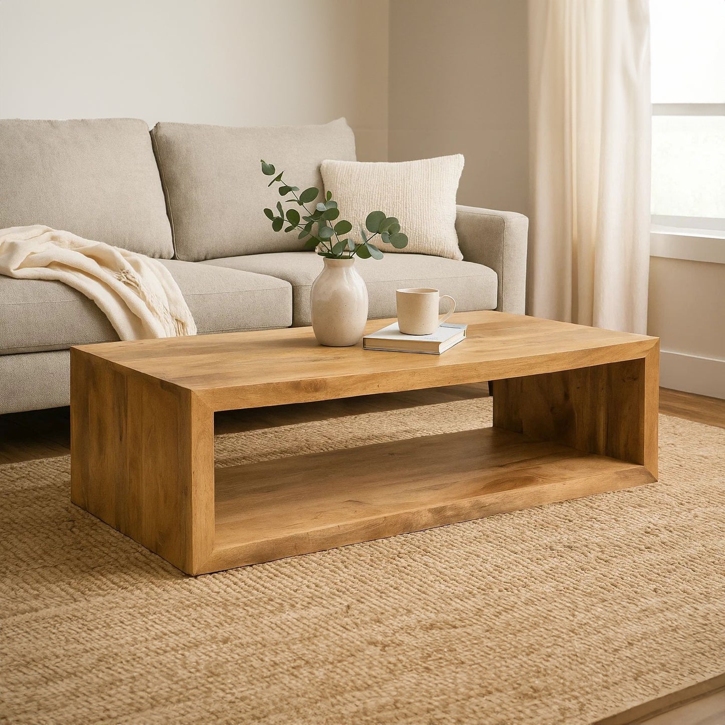 Keli 58" Mango Wood Coffee Table Open Cube 1 Shelf Natural Brown