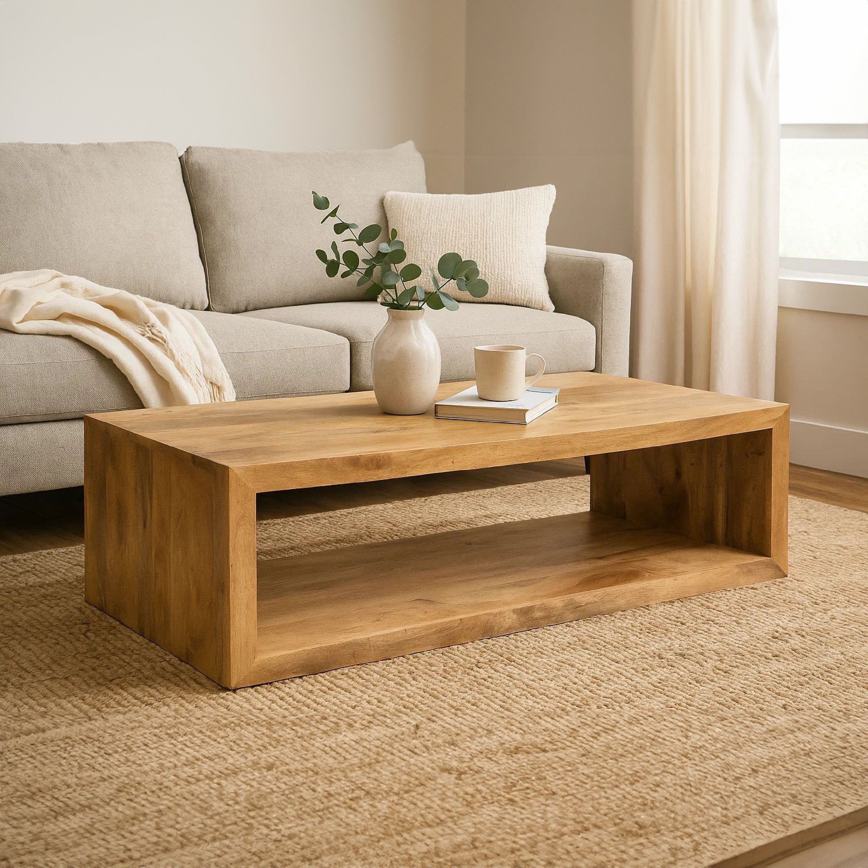 Keli 58" Mango Wood Coffee Table Open Cube 1 Shelf Natural Brown