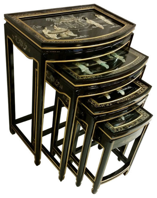 Black Lacquer Asian Stacking Tables, 4-Piece Set