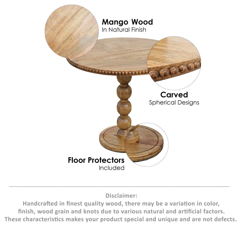 21" Side End Table Round Top Stacked Ball Post Natural Brown Mango Wood