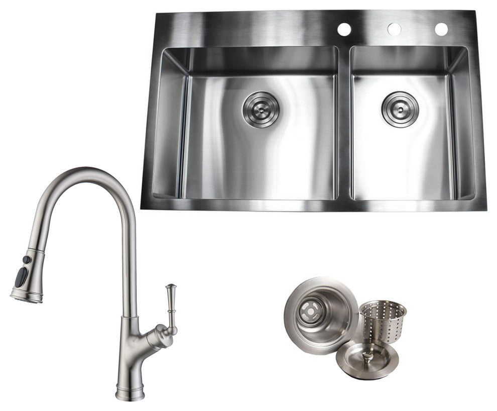 36" Topmount 16 Gauge 60/40Double Bowl, Sink With Faucet and Strainer