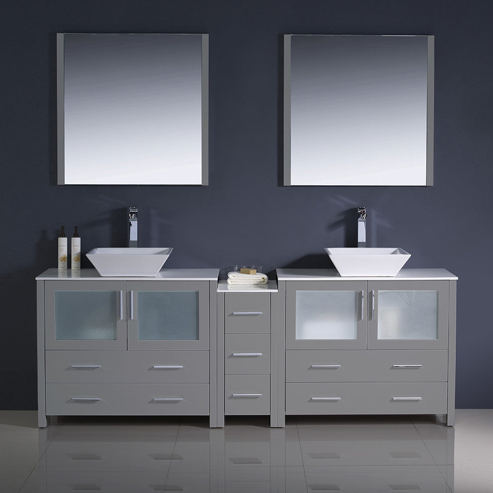 84" Gray Modern Double Sink Bathroom Vanity With Side Cabinet, Faucet, FFT1044CH