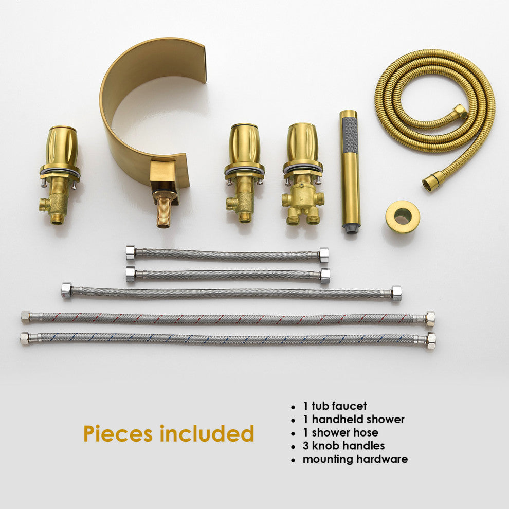 Recea Triple Handle Deck-Mount Roman Tub Faucet With Diverter and Handshower, Brushed Gold