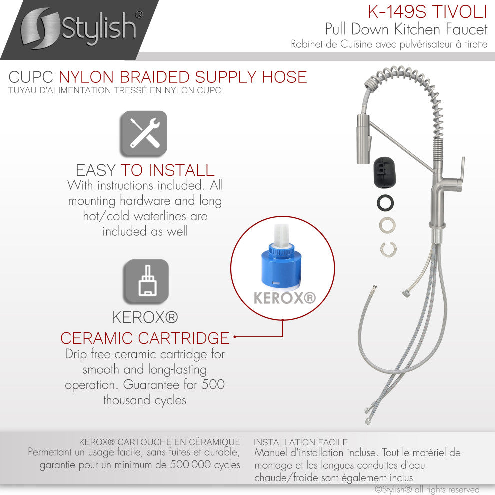 STYLISH Single Handle Pull-Down Dual Mode Kitchen Faucet Stainless Steel Brushed