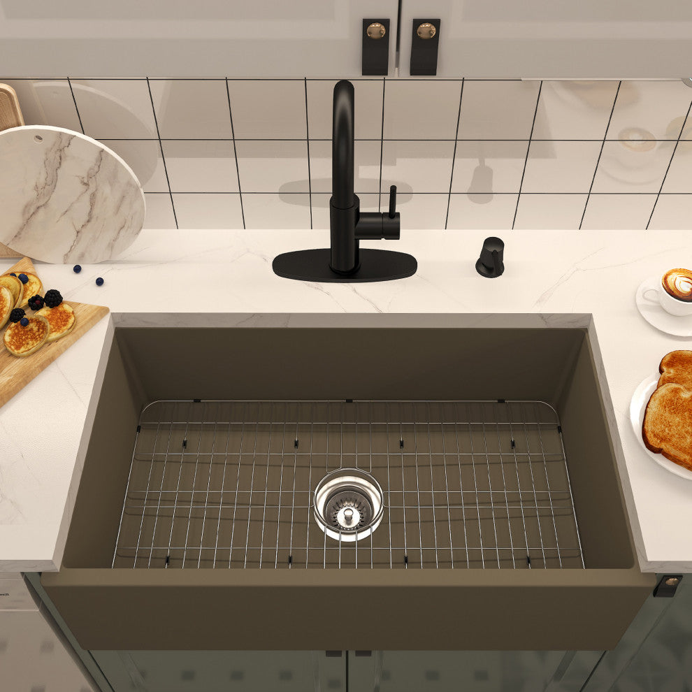 33in Single Bowl Farmhouse Apron Kitchen Sink with Bottom Grid and Drainer, Taupe Clay