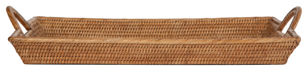 Rattan Decorative Serving Breakfast Tray, Ear Handles, Ottoman Tray, Honey-Brown