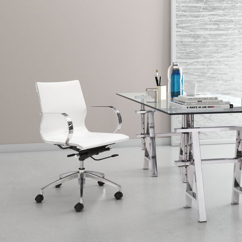 Computer Chair, Faux Vinyl Leather, Steel, White, Silver, Home Business Office
